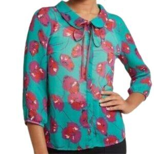 ModCloth sheer teal green top with purple poppies 1X